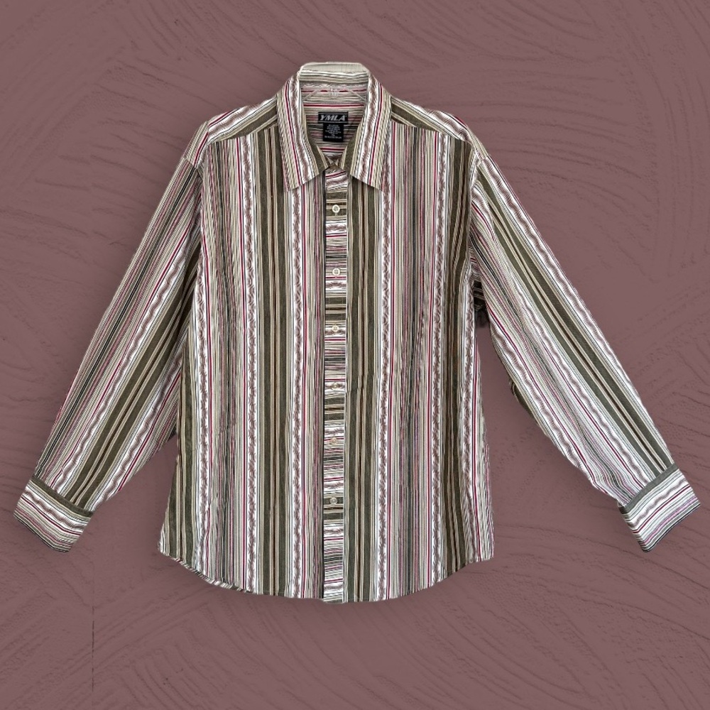 YMLA Vintage Brown Tan & Red Striped Graphic Wavy Print Button Down Shirt